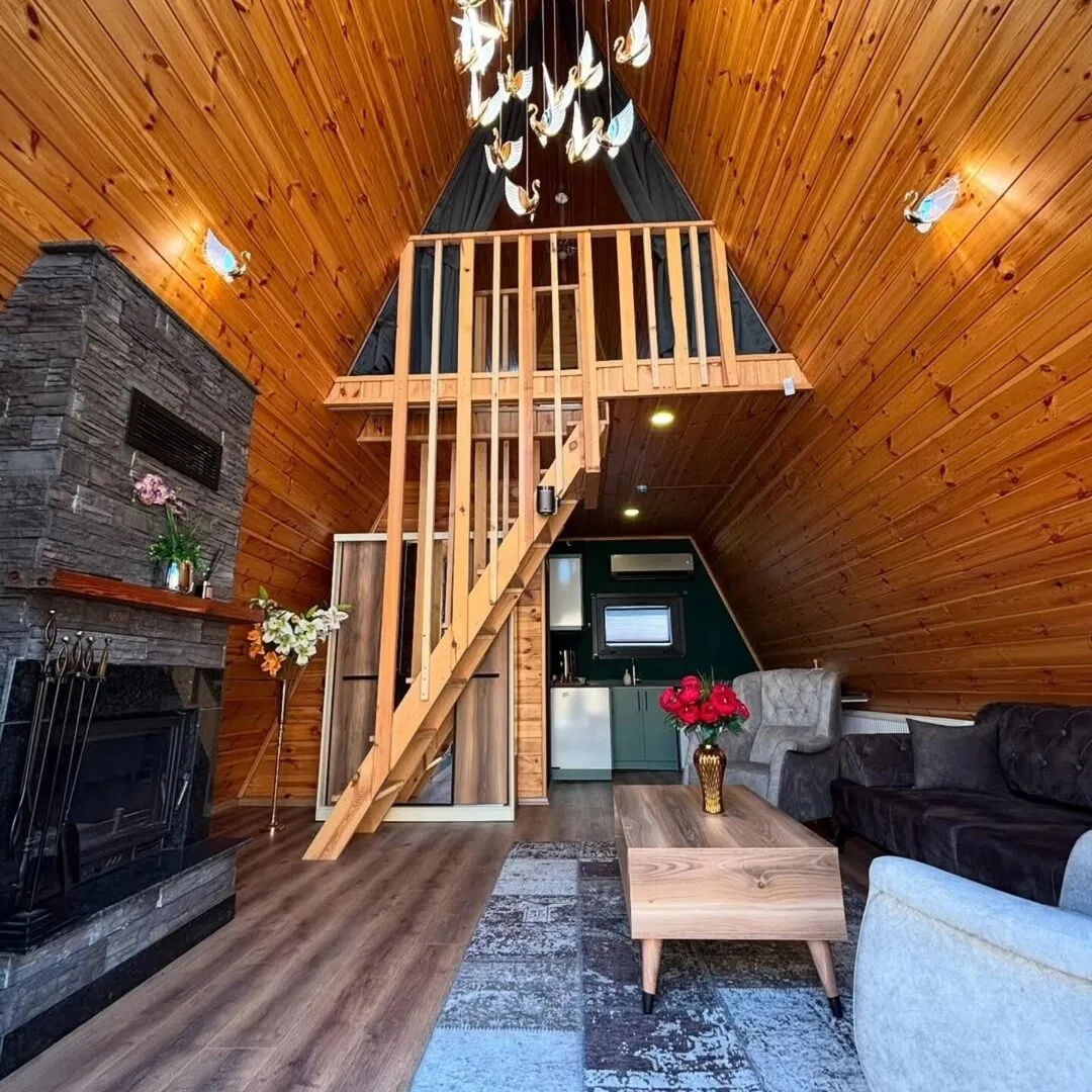 Şömineli loft kabin iç mekanı
